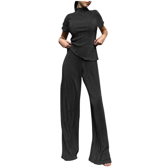 Wide Leg Pants Sets Women Ribbed 2 Piece Outfits Casual Short Sleeve Turtleneck Tops Long Pants Outfits Streetwear