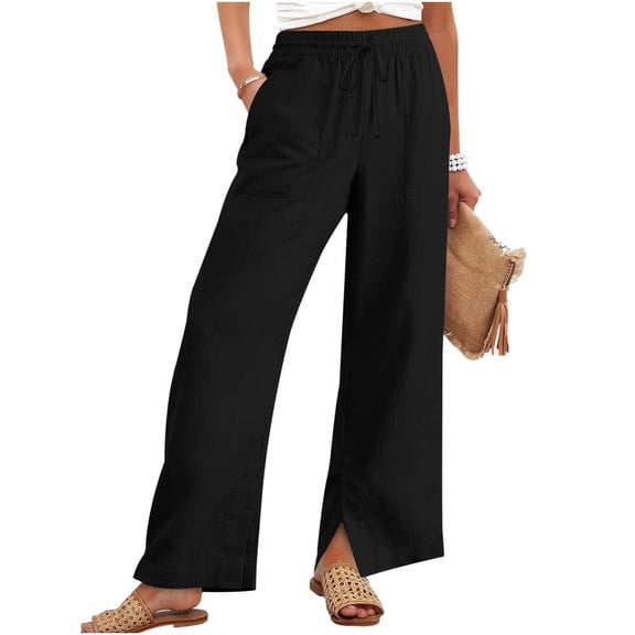 Wide Leg Pants Woman 2026 Summer High Waisted Drawstring Palazzo Pants Work Casual Split Hem Lounge Trousers Vacation Sweatpants with Pockets OIOLOYJM Black M