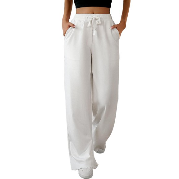 Wide Leg Pants Woman, Audhol Womens High Waisted Wide Leg Pants Casual Comfy Drawstring Loose Pants with Pockets Sweatpants Women White S