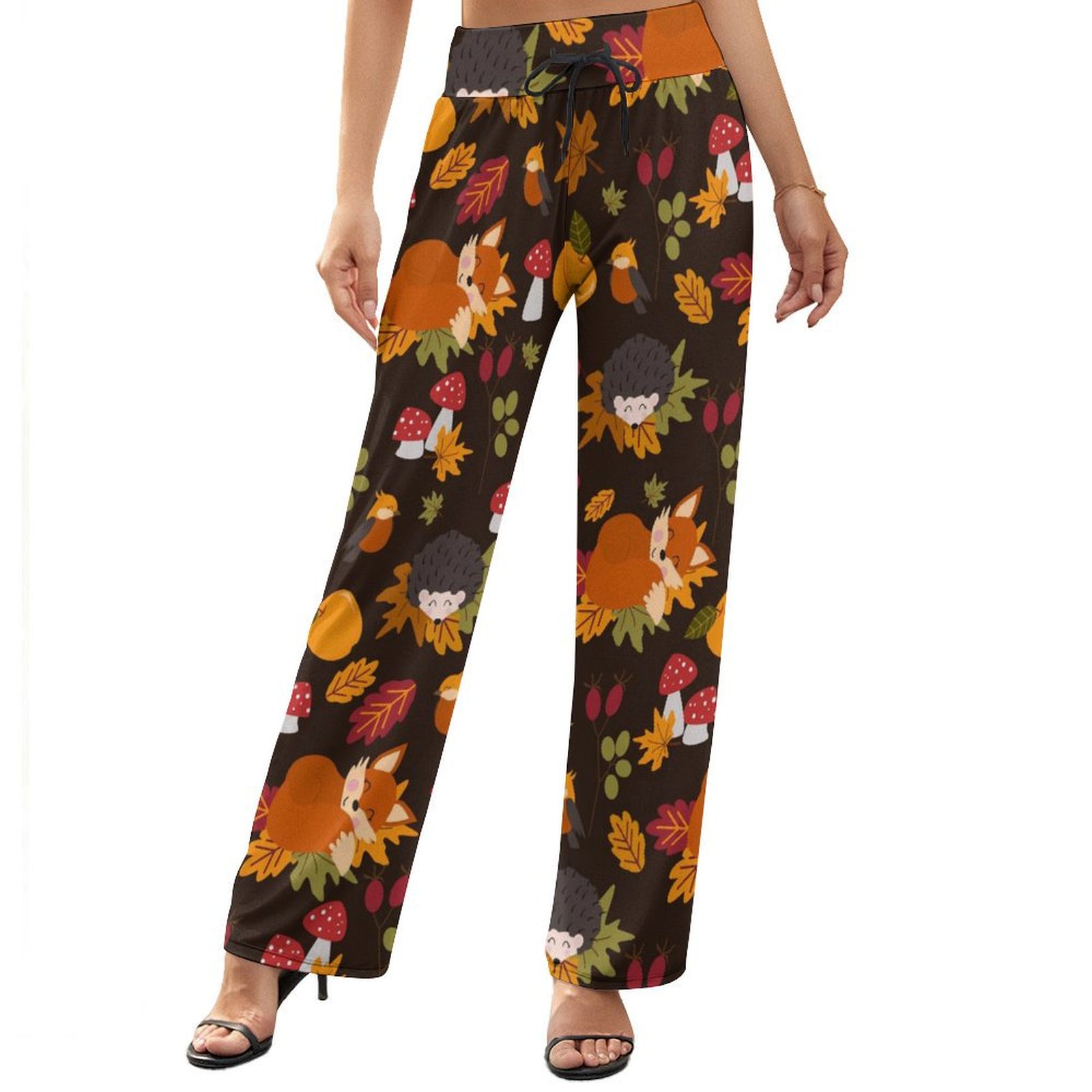 Colorful Fall Pants Wide Leg Pants Woman - Autumn Hedgehog And Fox Cute Loose High Waisted ...