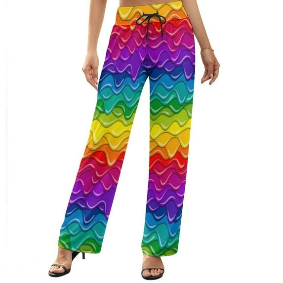 Wide Leg Pants Woman, Bright Rainbow High Waist Knot Palazzo Pants for Women, Elastic Sweatpants Yoga Lounge Pants Trousers with Pockets Fall Pants for Women 2024