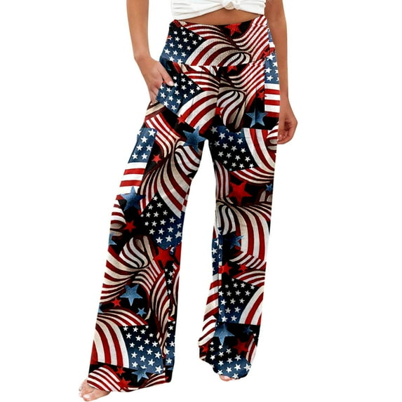 Wide Leg Pants Woman Casual Fashion Simple Elastic Waist Independence Day Print With Pocket Trousers