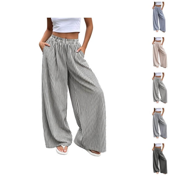 Wide Leg Pants Woman Elastic High Waist Loose Casual Lightweight Striped Flowy Palazzo Pants with Pockets