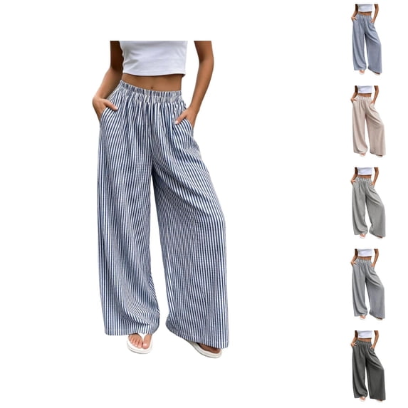 Wide Leg Pants Woman Elastic High Waist Loose Casual Lightweight Striped Flowy Palazzo Pants with Pockets
