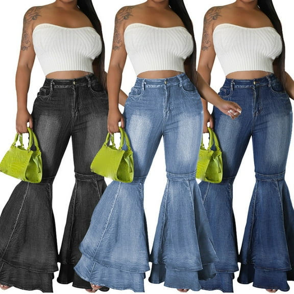 Wide Leg Pants Woman Fashion High Waist Jeans Slim Fit Stretch Denim Flared Double Hem Blue Lounge Pajama Pant S