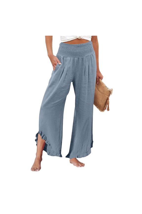 Wide Leg Pants Woman Flowy 2026 Summer Palazzo Trousers Dressy Cotton Linen Boho Long Pant Lounge with Pockets Blue M