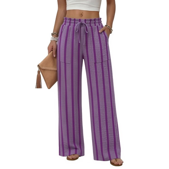 Wide Leg Pants Woman Flowy Palazzo Drawstring Elastic Waist Trousers with Pockets Casual Lounge Purple S