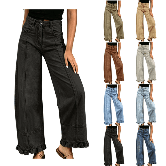 Wide Leg Pants Woman High Waist Wide Leg Jeans, Light Wash Denim Pants with Stitch Panel and Ruffle Hem, Casual Cropped Barrel Trousers with Pockets