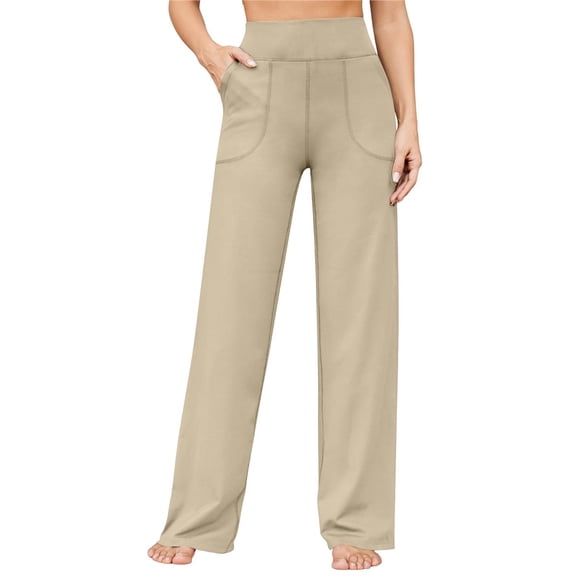 Wide Leg Pants Woman High Waist Yoga Pants with Pockets Loose Stretch Work Sweatpants Casual Lounge Khaki M