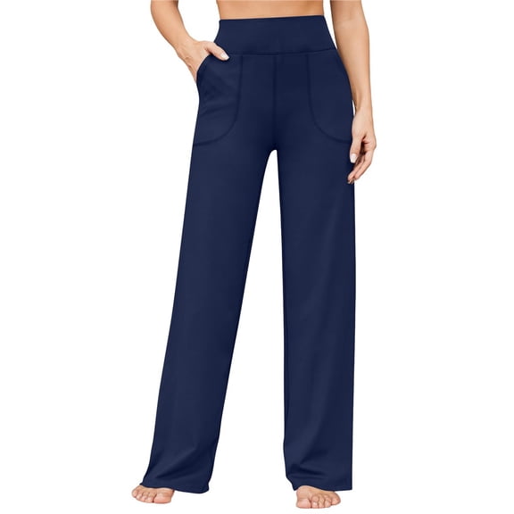 Wide Leg Pants Woman High Waist Yoga Pants with Pockets Loose Stretch Work Sweatpants Casual Lounge Navy Blue XXL