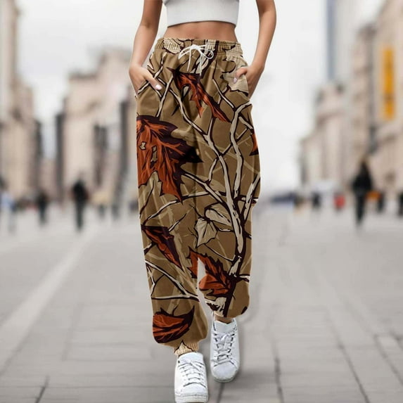 Wide Leg Pants Woman High Waisted Camouflage Print Drawstring Y2K Stretch Cargo Trouser with Pockets Lightweight Coffee Casual Lounge Pant XL