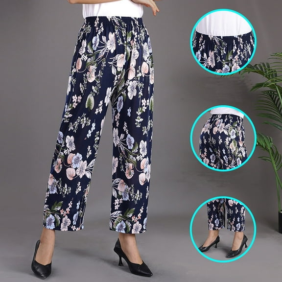 Wide Leg Pants Woman High Waisted Floral Print Oversized Palazzo Loose Fit Lightweight Straight Capris Trouser Navy Lounge Pajama Pant One Size