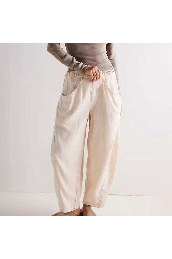 Wide Leg Pants Woman Hontri Loose Lounge Pants Women's Spring New Women's Pants Cotton Linen Solid Color Fashionable Casual Loose Literary Insert Bag Elastic Waist Radish Pants Casual Pants