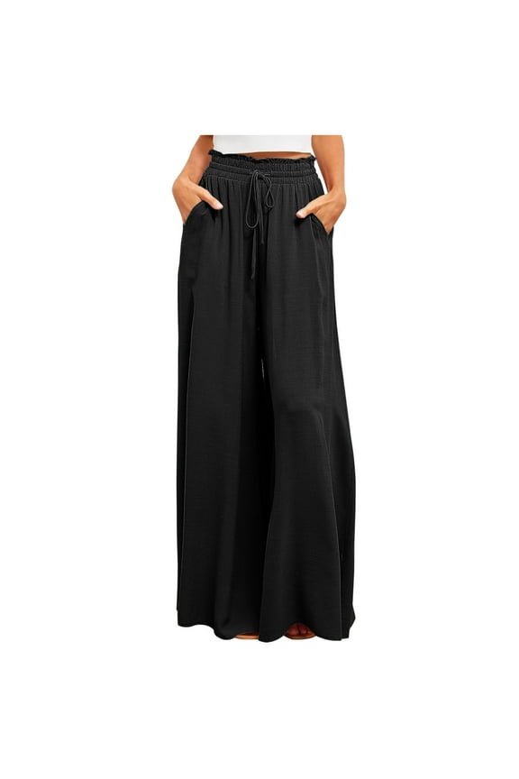 Wide Leg Pants Woman Ice Silk High Waisted Pull On Flowy Casual Baggy Drawstring Palazzo Trousers Pants Resort Wear