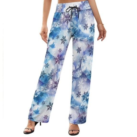 Wide Leg Pants Woman, Icy Blue Snowflakes High Waist Knot Palazzo Pants for Women, Elastic Sweatpants Yoga Lounge Pants Trousers with Pockets Fall Pants for Women 2024