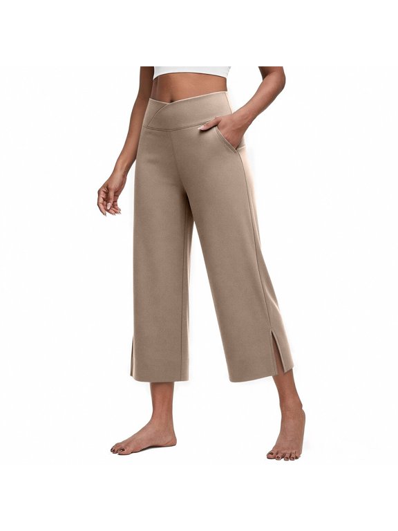 Wide Leg Pants Woman JIANLAI Cross High Waist Cropped Wide Leg Pants Side Pockets Split Hem Capri Trousers Soft Stretch Business Casual Bottoms