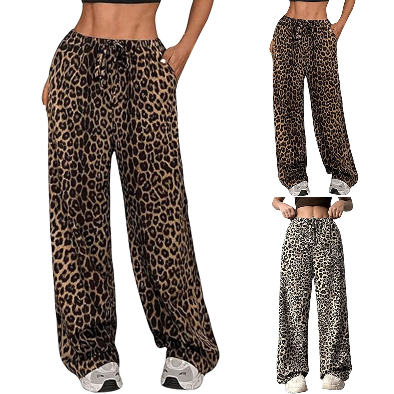 Leopard Print High Waist Cotton Wide Leg Pants For Women With Pockets Vintage Summer Chic