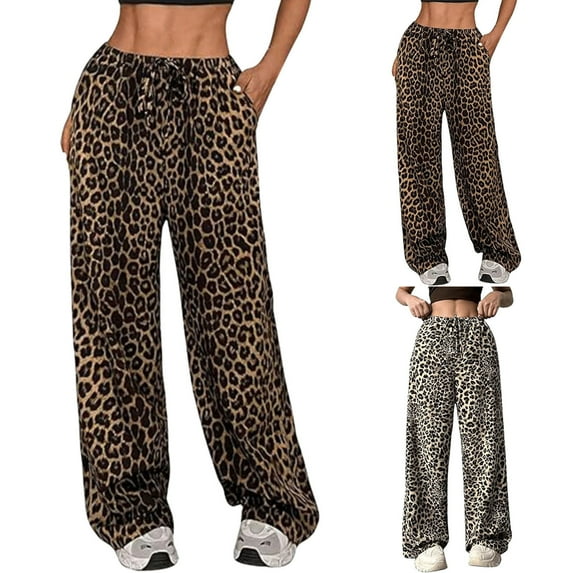 Wide Leg Pants Woman Leopard Print Low Waisted Drawstring Straight Trouser Coffee Running Lounge Pant XXL
