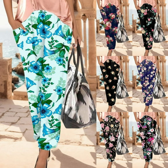 Wide Leg Pants Woman Loose Classic Style Floral Cropped Trousers with Pockets Black Casual Lounge Pant XXL