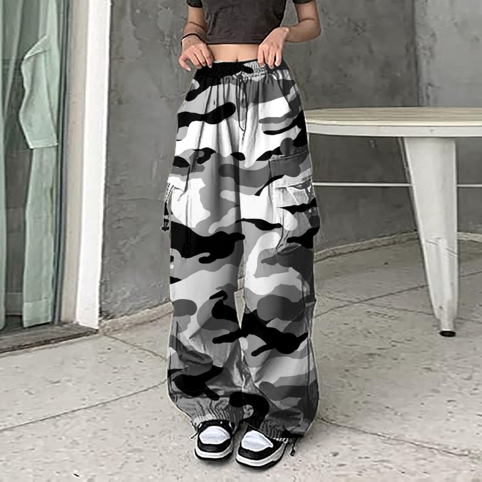 Wide Leg Pants Woman Mid Waisted Solid Color Baggy Cargo Camo