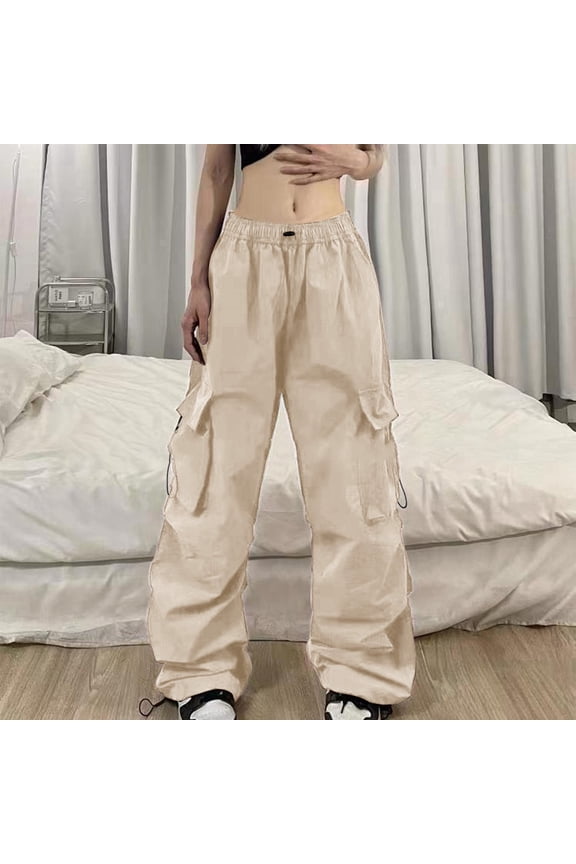 Wide Leg Pants Woman Mid Waisted Solid Color Baggy Cargo Camo Pants Streetwear Hop Joggers Sweatpants Drawstring Trousers with Pockets Beige S