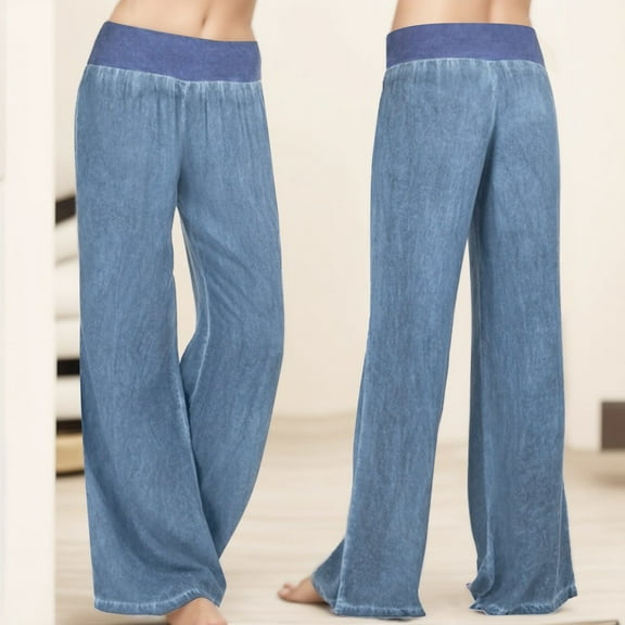 Wide Leg Pants Woman Mid Waisted Solid Color Jeans Pants Wide Leg Trousers Denim Elasticity Waist High Pants Travel Hiking Fall Pants with Pockets