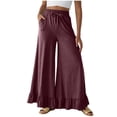 thumbnail image 1 of Wide Leg Pants Woman Plus Size 4 Pockets Solid Color Linen Drawstring Elastic High Waist Comfortable Flowing Business Work Casual Pants Wine XL, 1 of 9