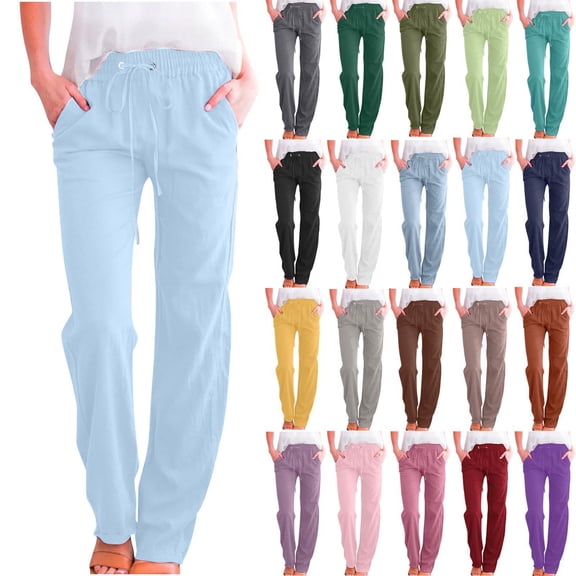 Wide Leg Pants Woman Plus Size Solid Color Drawstring Cotton And Linen Elastic Trousers with Pocket Business Work Casual Pants Light Blue S-3XL