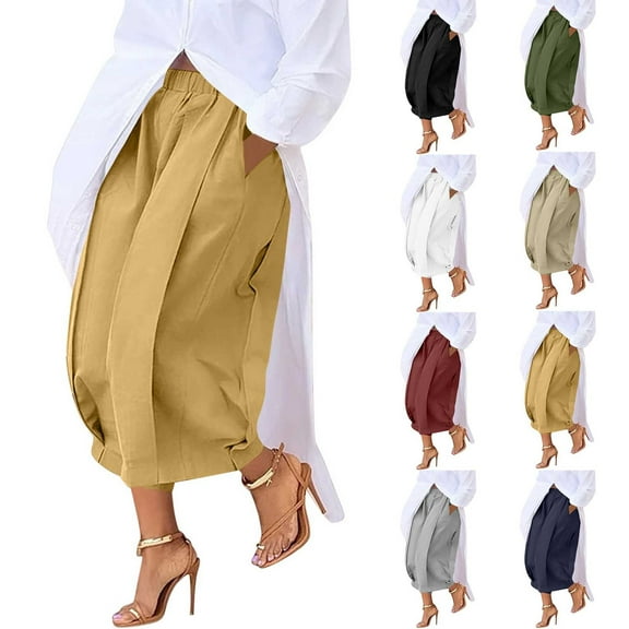 Wide Leg Pants Woman Plus Size with Pockets Elastic Waist Women' Trendy Solid Color Casual Pleated Fashionable Wide Leg Cropped Pants White XXL