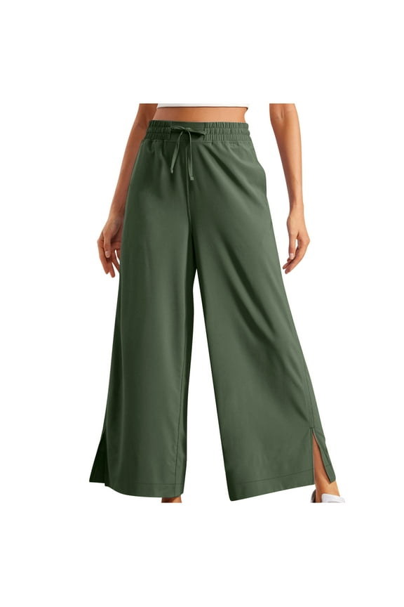 Wide Leg Pants Woman Side Split Hem Palazzo Trouser Athletic Dressy Loose Elastic Flowy Quick Dry Pants with Pocket