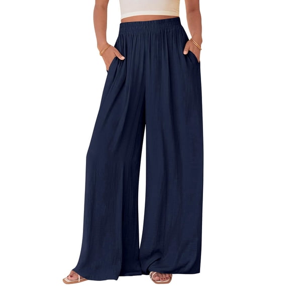 Wide Leg Pants Woman Spring Pockets Loose Flowy Trousers Lounge Palazzo Pant Vacation Clothes Navy Blue M