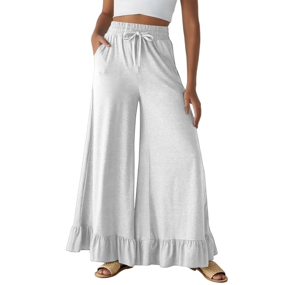 Wide Leg Pants Woman Summer Elastic High Waisted Palazzo Pants Flowy Drawstring Ruffle Hem Trousers with Pockets, M