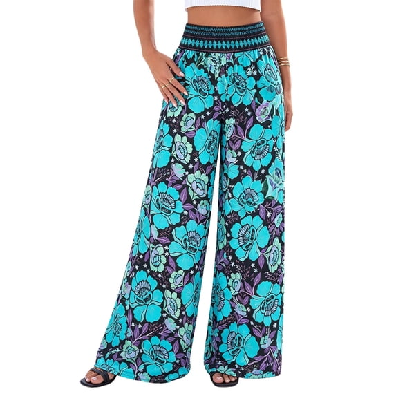 Wide Leg Pants Woman Summer Smocked Waist Floral Pant Wear Spring Beach Vacation Clothes for Women Black & Blue M