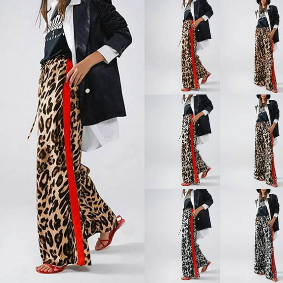 Wide Leg Pants Woman Thin Drawstring Leopard Print Side Stripes Straight Loose Trouser Brown Lounge Pajama Pant L