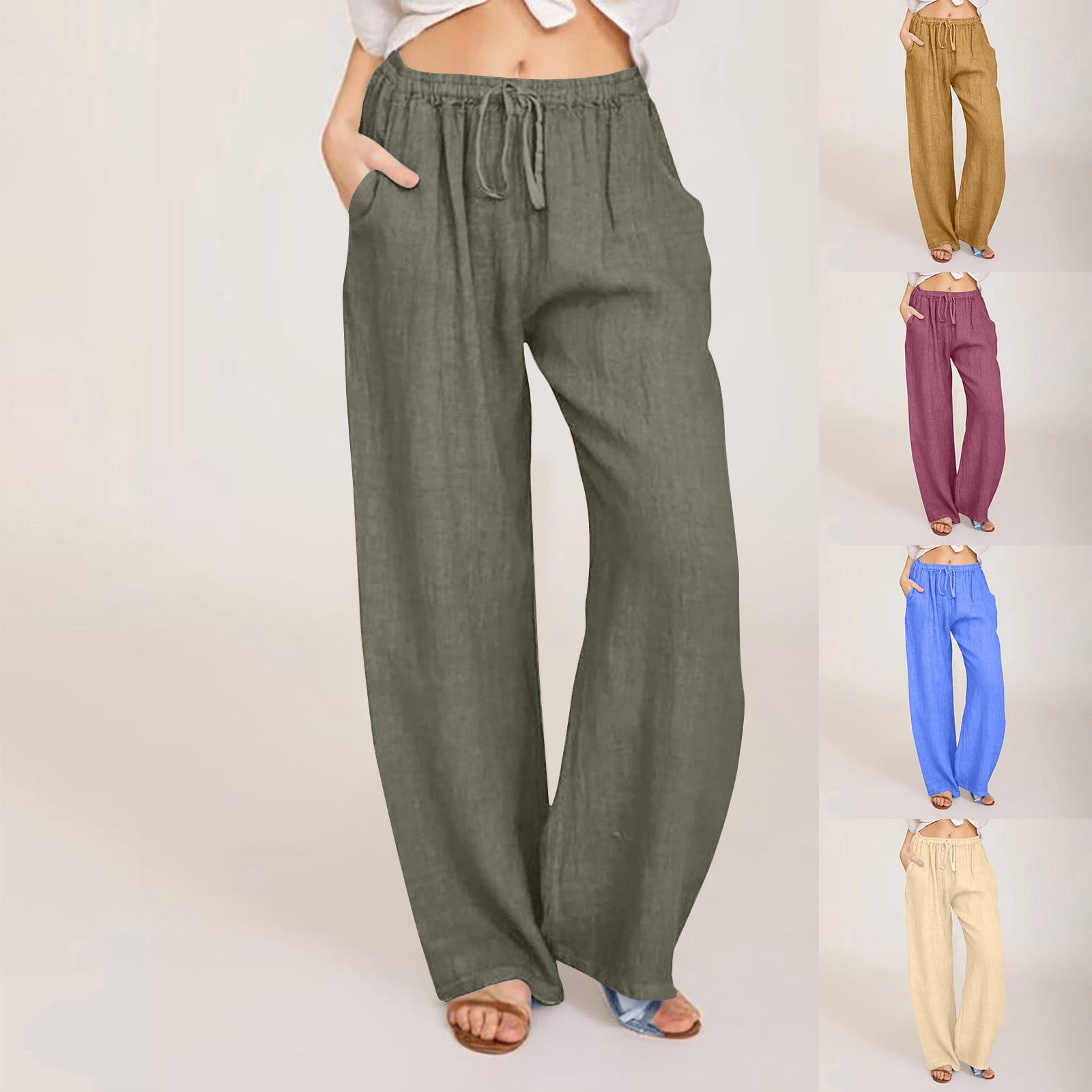 Wide Leg Pants Woman Women's Casual Trousers Solid Drawstring Waist 