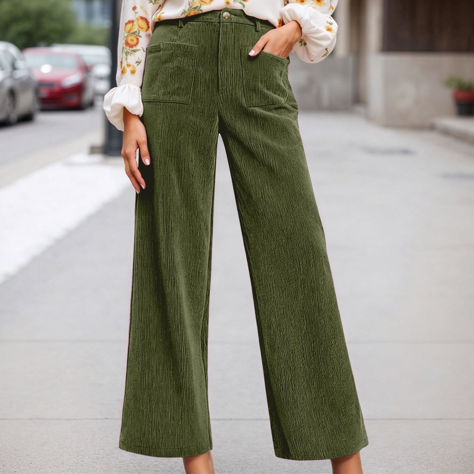 Wide Leg Pants Woman Womens Green Pants Mid Rise Corduroy Pants Baggy — free download