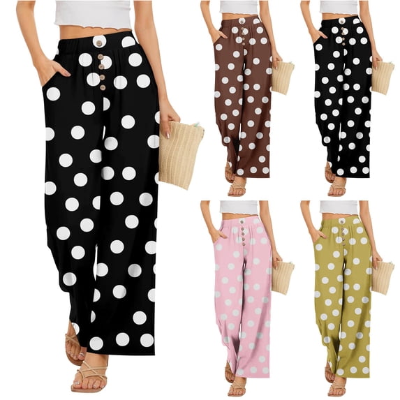 Wide Leg Pants for Women BWASD Casual Cute Polka Dot Flowy Elastic High Waisted Palazzo Pant Trousers With Pockets Fashion Clothes Summer Beach Vacation Wear (Black,L)