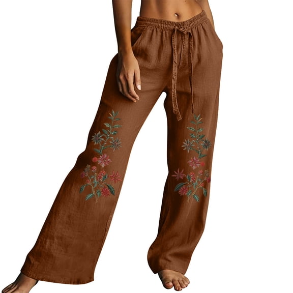 Wide Leg Pants for Women BWASD Casual Flowers Embroidered Sweatpants Boho Style Loose Elastic Waist Trousers Coffee S-XXXL Summer Go Out Vacation Travel Capris Pants