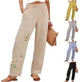 thumbnail image 1 of Wide Leg Pants for Women BWASD Flowers Embroidered Boho Style Sweatpants Loose Cotton Linen Ladies Slacks Beige S-4XL Summer Lightweight Travel Vacation Capris Pants, 1 of 9