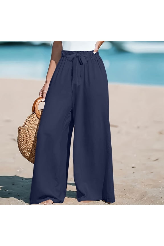 Wide Leg Pants Women Bow Tie Knot High Waisted Linen Pants Summer Casual Flowy Wide Leg Palazzo Pants Navy L
