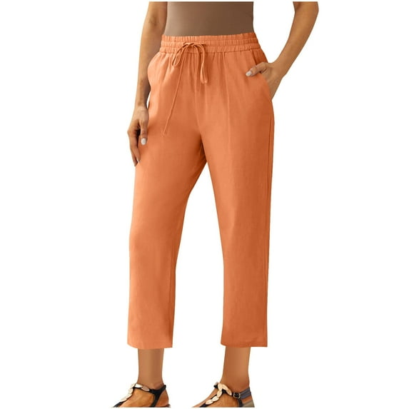Wide Leg Pants Women Casual New Womens Cotton Linen Pant Straight Leg Cropped Trousers Lightweight Slim Fitted Elastic Waist Drawstring Pants Orange 4XL
