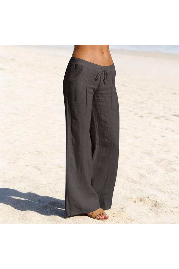Wide Leg Pants for Women Cotton Linen Elastic Waist Drawstring Pleated Lounge Pants Summer Casual Solid Plus Size Loose Breathable Comfy Soft Linen Pant