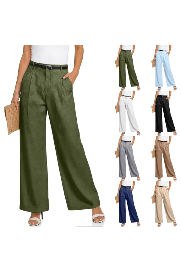 Wide Leg Pants for Women Cotton Linen Solid Dress Pants Flowy Lounge Baggy Business Work Summer High Waisted Slacks with Pockets Lightweight Trousers (Just Pants) Camel S