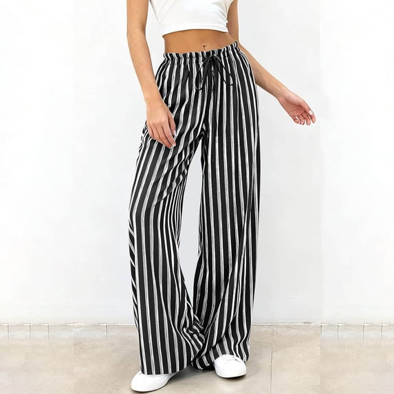 Wide Leg Pants For Women Daily Errands Elastic Waist Striped Comfortable Pull On Summer Flowy Leg Relaxed Lounge Effortless Style Relaxed Workday And Weekend Outfits Black L