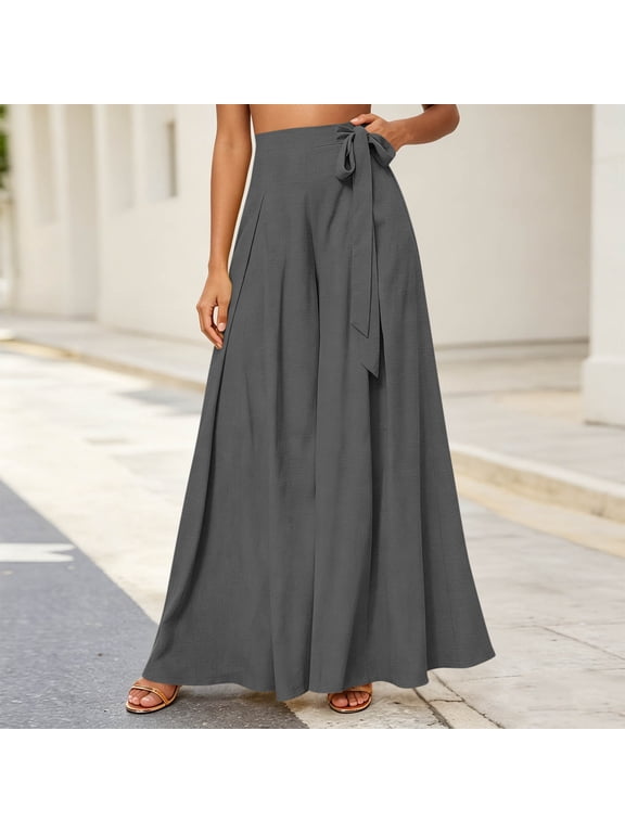 Wide Leg Pants For Women Easy Movement Summer Drawstring Waist Elastic Waist With Pockets Solid Resort Wear High Waisted Practical Pockets Airport Travel Dark Gray M