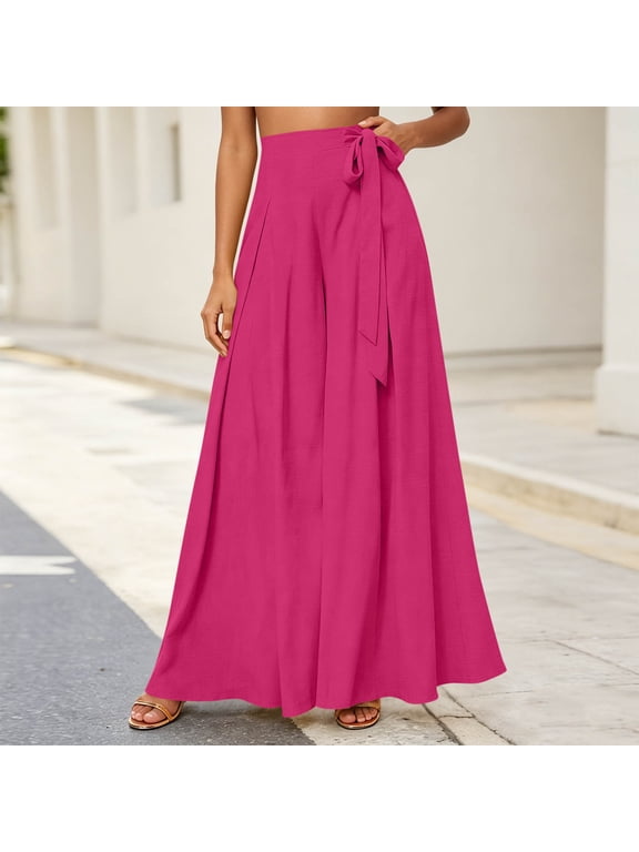 Women's High Waist Wide Leg Palazzo Pants Side Tie Waist Flowy Loose Fit Casual Trousers for Spring Summer Hot Pink L