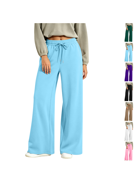 Wide Leg Pants Women Fleece Soft Extra with Pockets Drawstring High Waist Pull-On Casual Petite Pants
