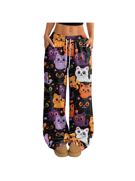 Wide Leg Pants for Women Halloween Pumpkin Ghost Cat Print High Waist Drawstring with Side Pockets Loose Fit Pajama Sleepwear Pants for Autumn Purple 2XL