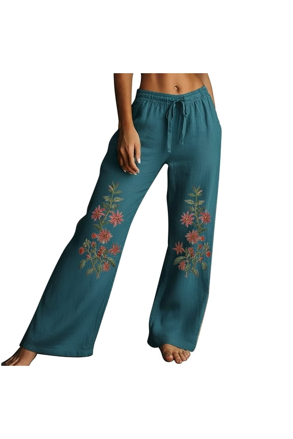 Wide Leg Pants for Women, High Waist Elastic Waist Linen Pants with Floral Embroidery Pockets Loose Fit for Festival Outings Travel Vacation Street Style, Navy 3XL