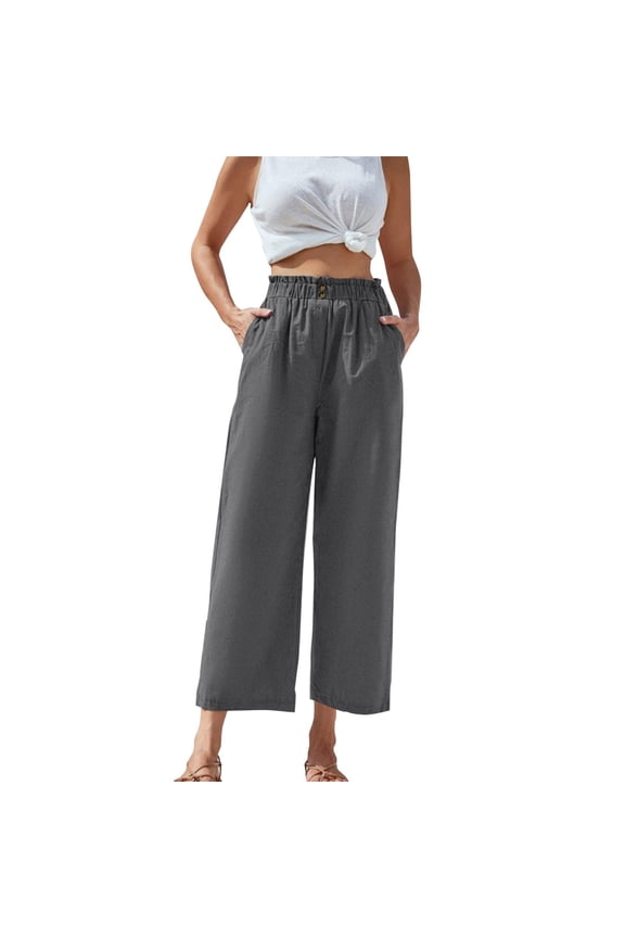 Wide Leg Pants Women High Waisted Pleated Cotton Linen Pants with Pockets Button Casual Pant Travel Vacation Trousers Gray XL